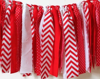 Red and White Christmas Garland, Red and White Fabric Garland, Scrappy Banner, Photo Prop, Mantle Decor,  Valentine Banner