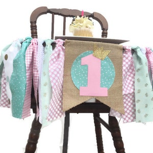 Pink Mint Gold Fabric Highchair Banner 1st Birthday High Chair Princess Party Photo Prop Smash Cake Bunting Girl Banner and Flag image 2