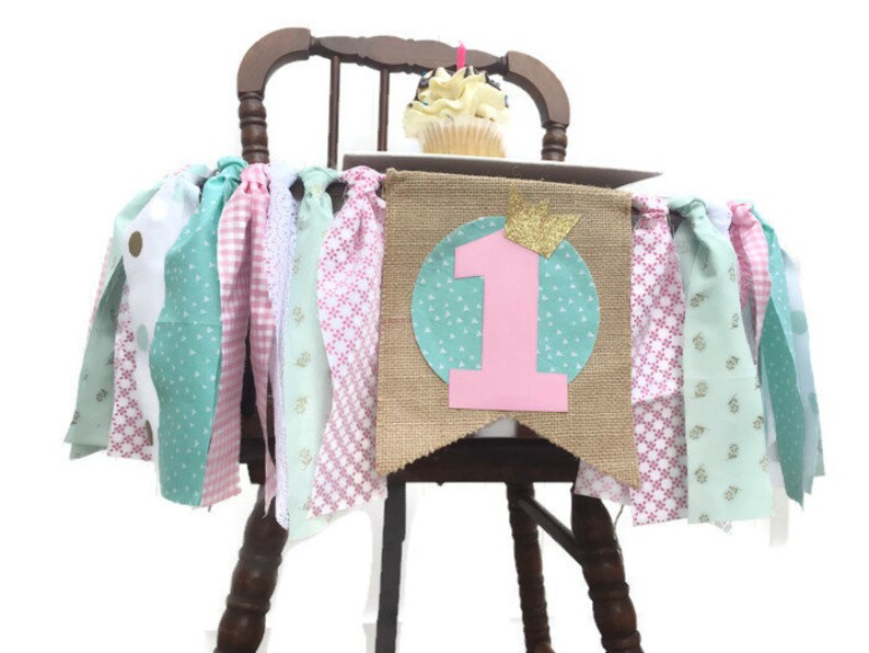 Pink Mint Gold Fabric Highchair Banner 1st Birthday High Chair Princess Party Photo Prop Smash Cake Bunting Girl Banner and Flag image 2