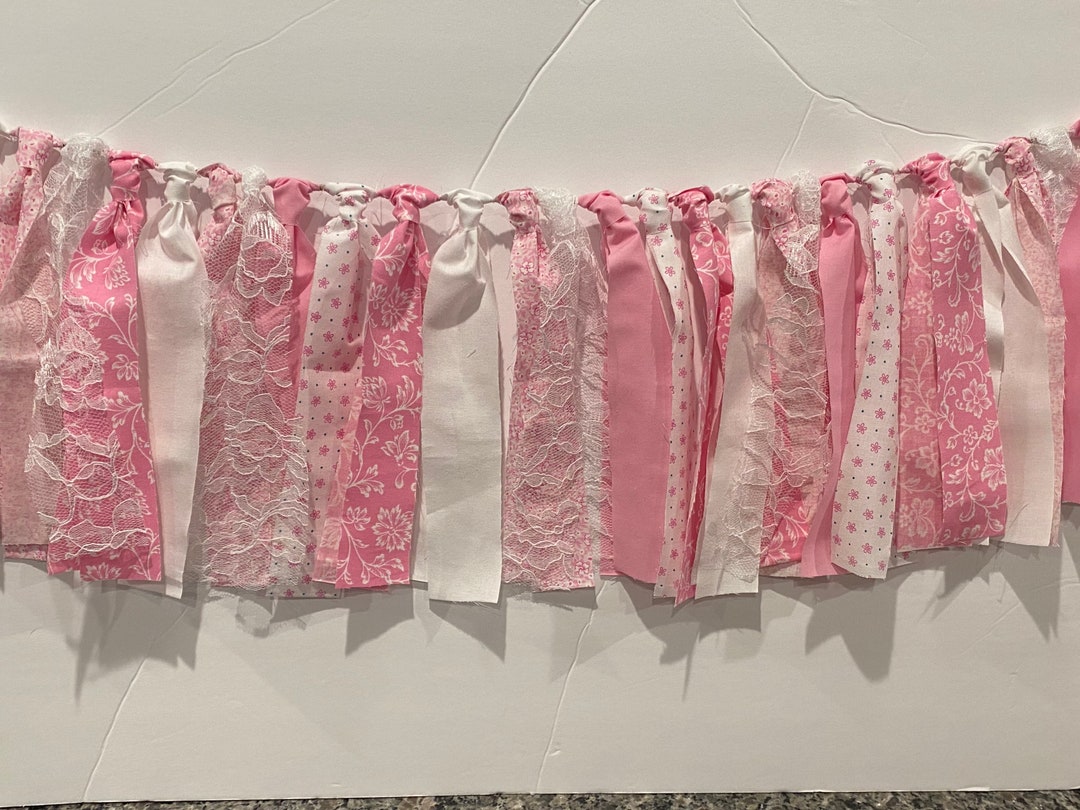 Pink and White, Fabric Garland, Scrappy Banner, Nursery Decor, Rag Tie