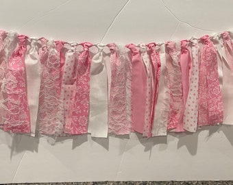 Pink and White, Fabric Garland, Scrappy Banner, Nursery Decor, Rag Tie Garland, Birthday Decor, Highchair Banner, Photo Prop