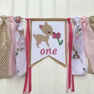 Girl Woodland High Chair Banner, Deer Garland, Pink and gold Fawn Banner, Baby Girl 1st Birthday Garland, Photo Prop, Smash Cake Decor