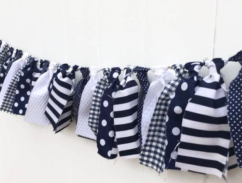 Mini Garland, Navy and White Ragtie Mini, Photo Prop, Mini Banner, Baby or Wedding Shower Decor, Highchair Decor, Mini Scrappy Banner image 2