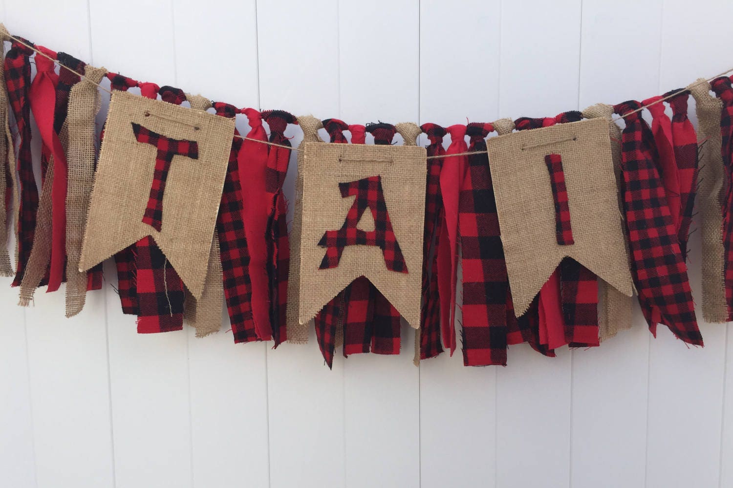 Buffalo Plaid Garland, Black Red and Burlap Scrappy Banner, Woodland ...