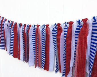 Red White and Blue,  Rag Tie Garland, Scrappy Banner, Holiday Banner, 4th of July Bunting, Patriotic Garland, Boys Room, Fabric Garland