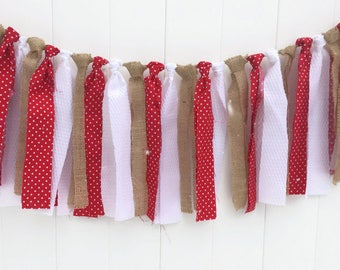 SAMPLE SALE - Ready to Ship,   Farmhouse Garland, Scrappy Banner, Red White and Burlap,  Mantle Decor, Farmhouse Decor