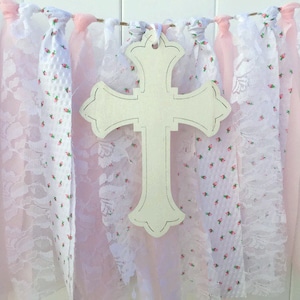 Pink and White, Baptism Garland, Communion Banner, Confirmation Bunting, Scrappy Banner, Fabric Garland,  Photo Prop, Rosebud and Lace
