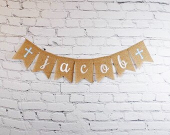 Custom Name Banner, Personalized Banner, Boys Room Decoration, Hand Painted Burlap Flag Banner, Baby Shower Banner, Cross Banner