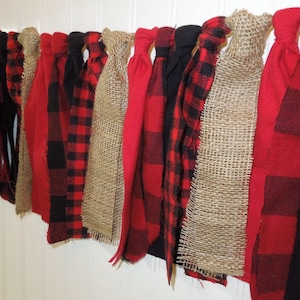Buffalo Plaid Garland, Black Red and Burlap Scrappy Banner, Woodland Banner, Christmas Banner, Lumberjack Party, Highchair Banner