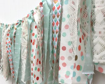 Fabric Garland, Mint Coral and Lace, Scrappy Banner, Window Valance, Bedroom Decor, Nursery Decor, Rag Tie Garland, Home Decor, Baby Shower