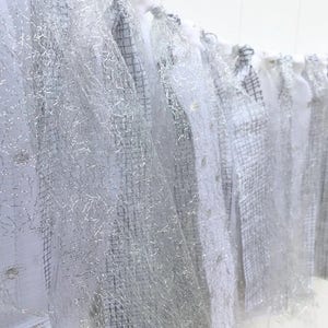 Metallic Silver and White, Fabric Garland, Scrappy Banner, Fabric Banner, Rag Tie Banner, Shabby Fabric Banner, Anniversary Decor, Wedding