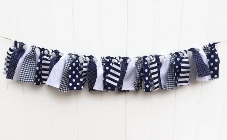 Mini Garland, Navy and White Ragtie Mini, Photo Prop, Mini Banner, Baby or Wedding Shower Decor, Highchair Decor, Mini Scrappy Banner image 3