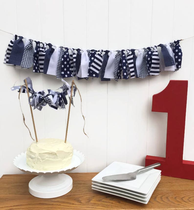 Mini Garland, Navy and White Ragtie Mini, Photo Prop, Mini Banner, Baby or Wedding Shower Decor, Highchair Decor, Mini Scrappy Banner image 1