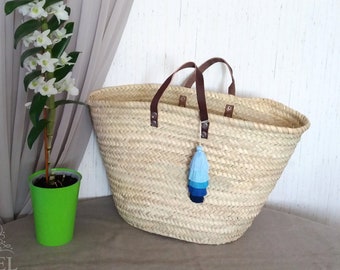 Large wicker basket with gradient tassel pompoms, Beach basket with short leather handles, Gift idea for any event