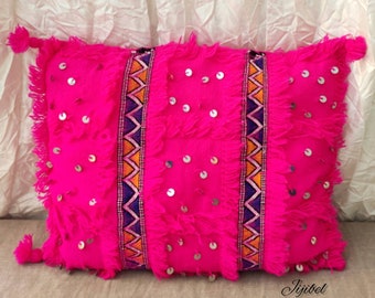 Woven and hand-embroidered fuchsia pink sequin cushion