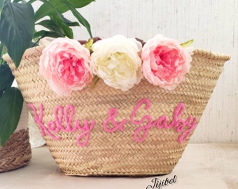 Large personalized wicker basket of flowers, Beach basket bag with leather handles, Great wedding gift