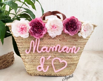 Large personalized wicker basket with flowers, Beach basket with short leather handles, Gift idea for any event