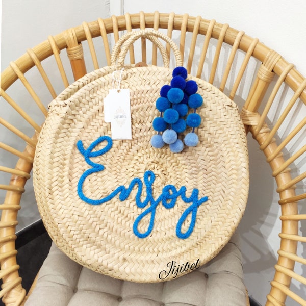 Panier en osier rond personnalisé Enjoy en bleu, Panier prêt à être expédié