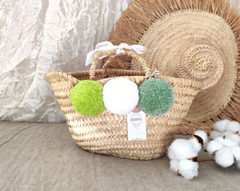 Small Moroccan wicker basket 3 Pompoms, great gift idea ready to ship