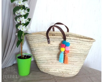 Wicker basket with multicolored pompom, Large beach basket with short leather handles, Original gift idea for any event