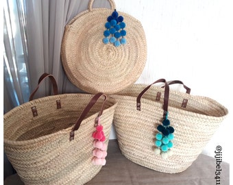 Large wicker basket with gradient pompoms, Beach basket with short leather handles, Gift idea for any event