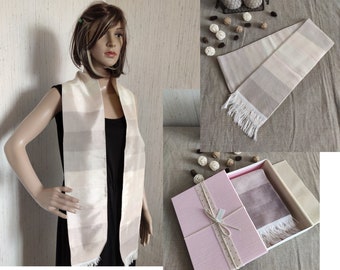 Long hand-woven beige striped silk shawl scarf