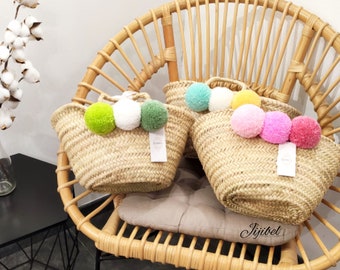 Small Moroccan Wicker Basket Personalized 3 Pompoms + First Name