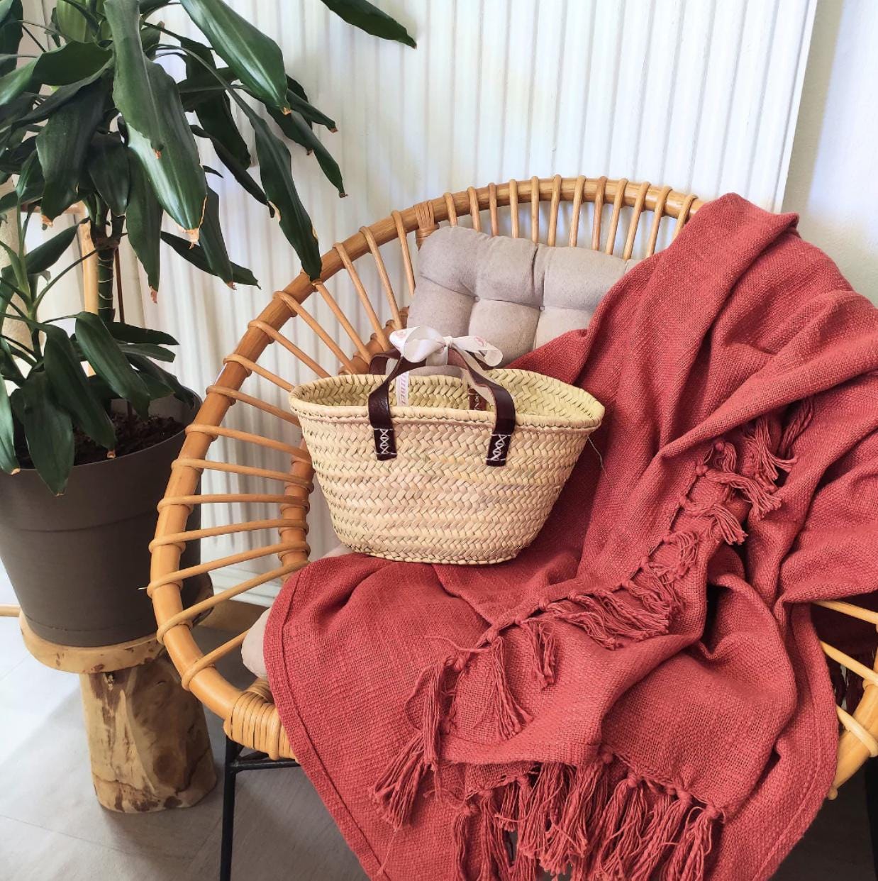 Malette Panier En Rotin Et Osier – Anse Cuir, Hauteur 36 Cm, Vintage Et Rangement