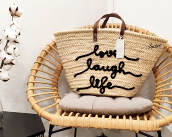 Beach basket short handles in natural leather personalized "Love Laugh Life" in black