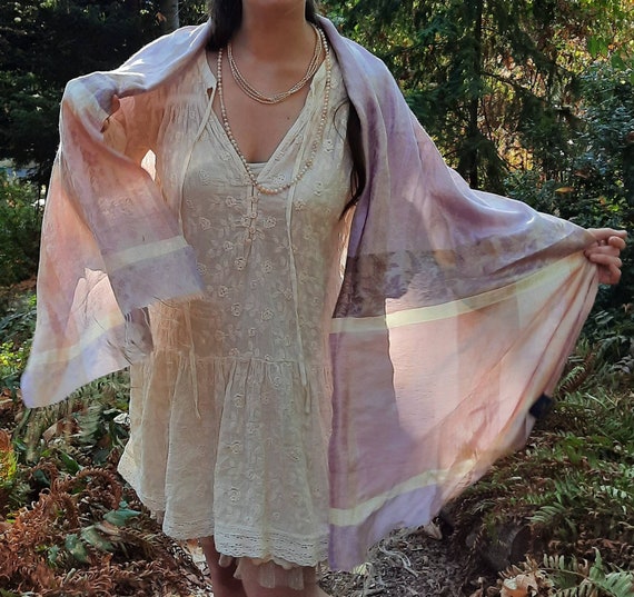 100% silk Light pink and lavender scarf shawl wov… - image 6