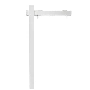 May include: White metal sign post with a horizontal arm extending out. The arm has two hooks hanging down from it.