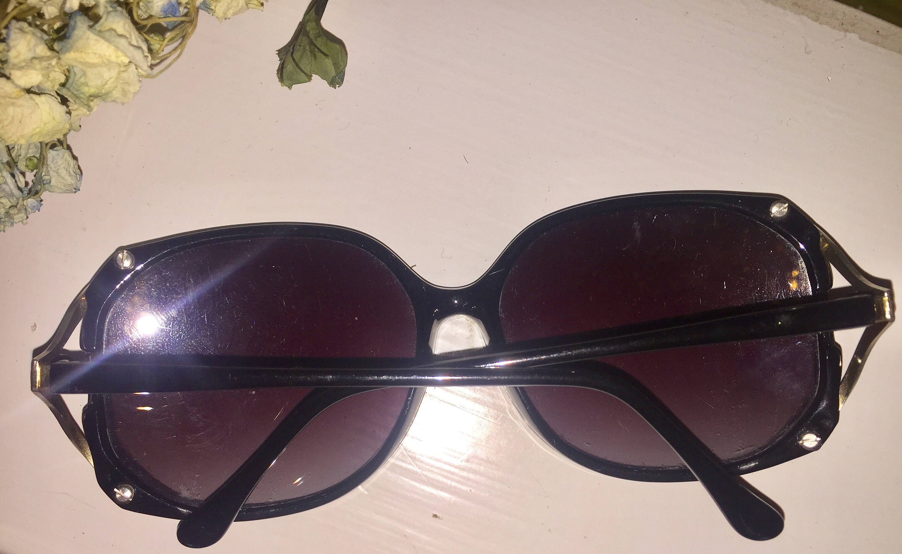 Vintage 70's Black Sunglasses with Gold Accents/ Black gradient lenses