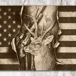 Caza de ciervos svg, archivo de grabado de cazador, archivo listo para láser de bandera americana para glowforge
