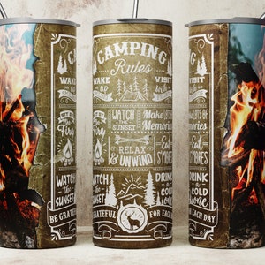 Camping Tumbler Wrap, Camping Rules Wrap, Seamless Campfire Sublimation Tumbler, Summer Vibes Camping Skinny Tumbler 20oz, Digital Download