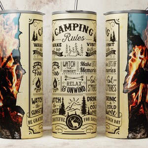 Camping Rules Tumbler Wrap, Seamless Campfire Sublimation Tumbler, Summer Vibes Camping Skinny Tumbler 20oz, Digital Download