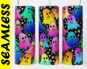 Drôle Halloween Tumbler Wrap, Middle Finger Ghosts PNG, Bright Neon Sublimation Design, Glow In The Dark Seamless 20oz Skinny Tumbler Wrap