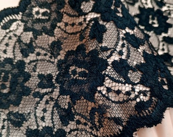 6-3/4" Black Floral Lace Trim, Embroidered Roses, Vintage Sewing Embellishment