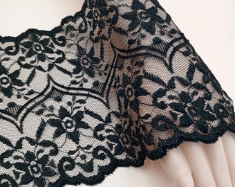 Black Lace 7" wide Floral Embroidery Vintage Lace Trim for dresses, wedding, lingerie, headbands, sewing and decorating