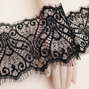 5-1/4" Luxurious Eyelash Black Leavers Lace Vintage Embroidered Galloon Lace Trim for dresses, lingerie, embellishment, evening wear, scarf