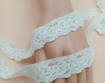 Pure White Stretch Lace 1" wide Floral Embroidery Vintage Lace Trim for dresses, wedding, lingerie wholesale lace trim