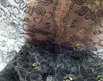 Metallic Gold Floral Leavers Lace Trim, Black Eyelash Embroidery (6-1/2" Wide)