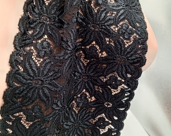 6-1/2" Quality Thick Black Stretch Lace Floral Embroidery Vintage Lace Trim for dresses, lingerie, headbands, sewing and decorating