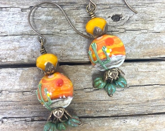 Southwest Earrings, Dangle Earrings, Cactus Earrings, Yellow and Orange, Artisan Made Earrings,