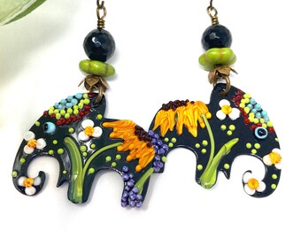 Elephant Earrings, Enameled Copper Earrings, Onyx Earrings, Dangle Earrings, Multi Colored Earrings, Large Earrings