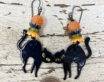 Halloween Earrings, Cat Earrings, Enameled Copper Earrings, Handmade Earrings