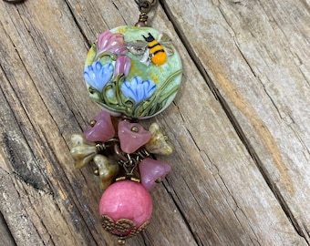 Bee Necklace, Floral Necklace, Ceramic  Necklace, Beaded Necklace, One of a Kind Necklace