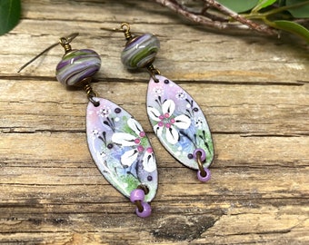 Enameled Copper Earrings, Lampwork Earrings, Floral Earrings, Artisan Made