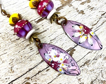 Enameled Copper Earrings, Floral Earrings,Purple Earrings