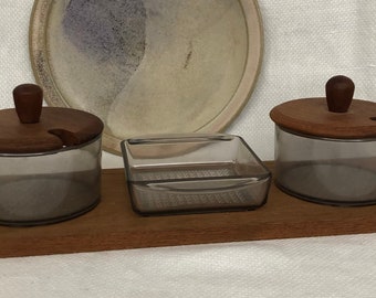 Retro Danish Plastic and Teak Condiment Set