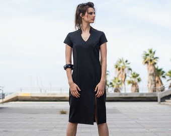 Grey Dress, Midi Dress, Casual Dress, Short Sleeves Dress, Cotton Dress, Office Dress, Loose Dress, Knee Length Dress, Classic Dress, Short